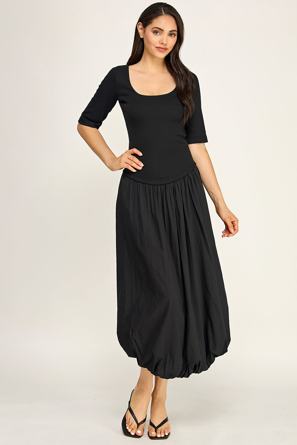 Rib Knit Top Poplin Bubble Midi Dress | Fitted Bodice Elastic Waist