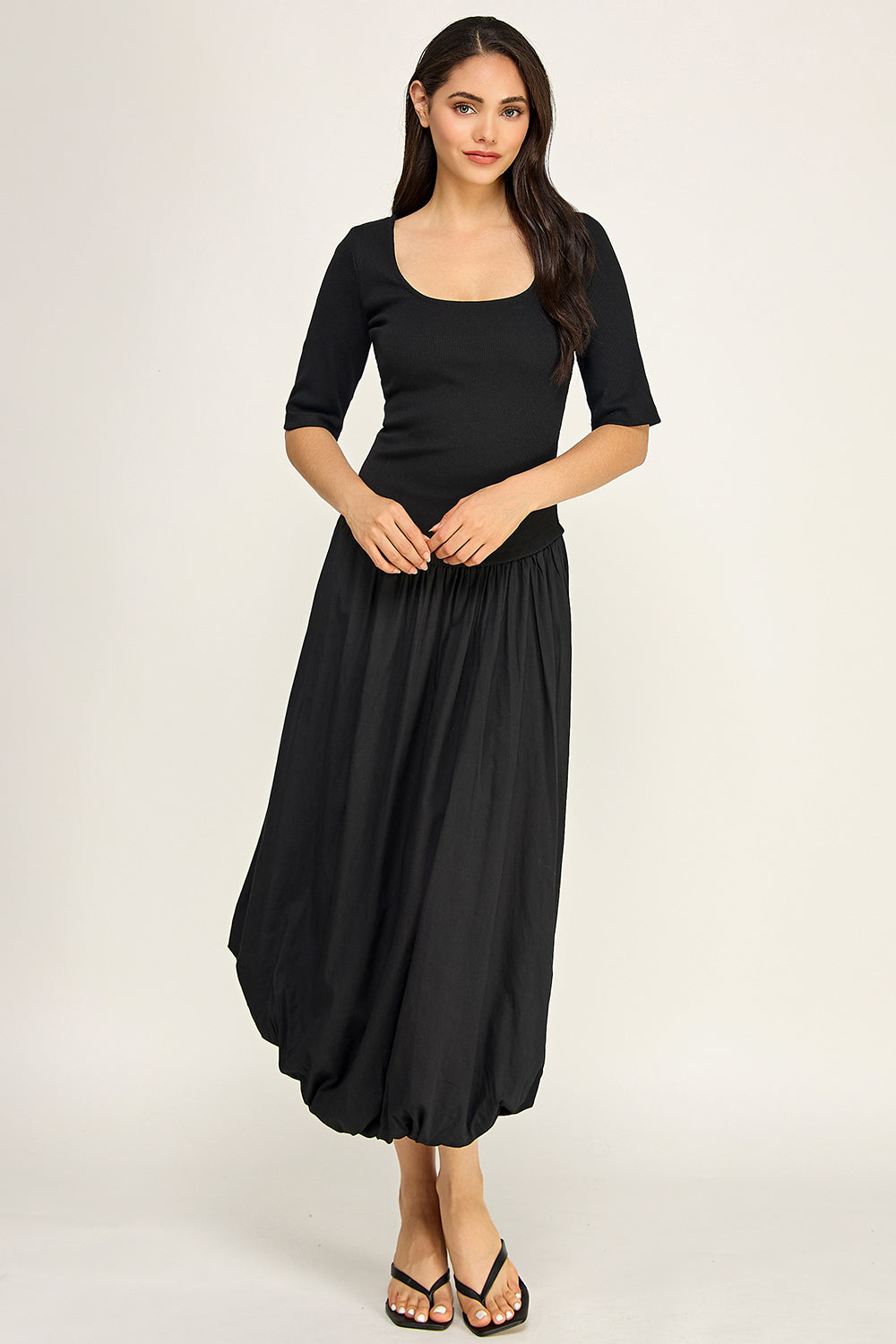Rib Knit Top Poplin Bubble Midi Dress | Fitted Bodice Elastic Waist