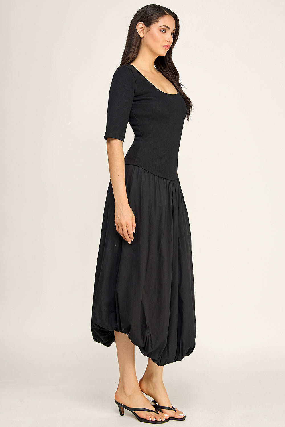 Rib Knit Top Poplin Bubble Midi Dress | Fitted Bodice Elastic Waist