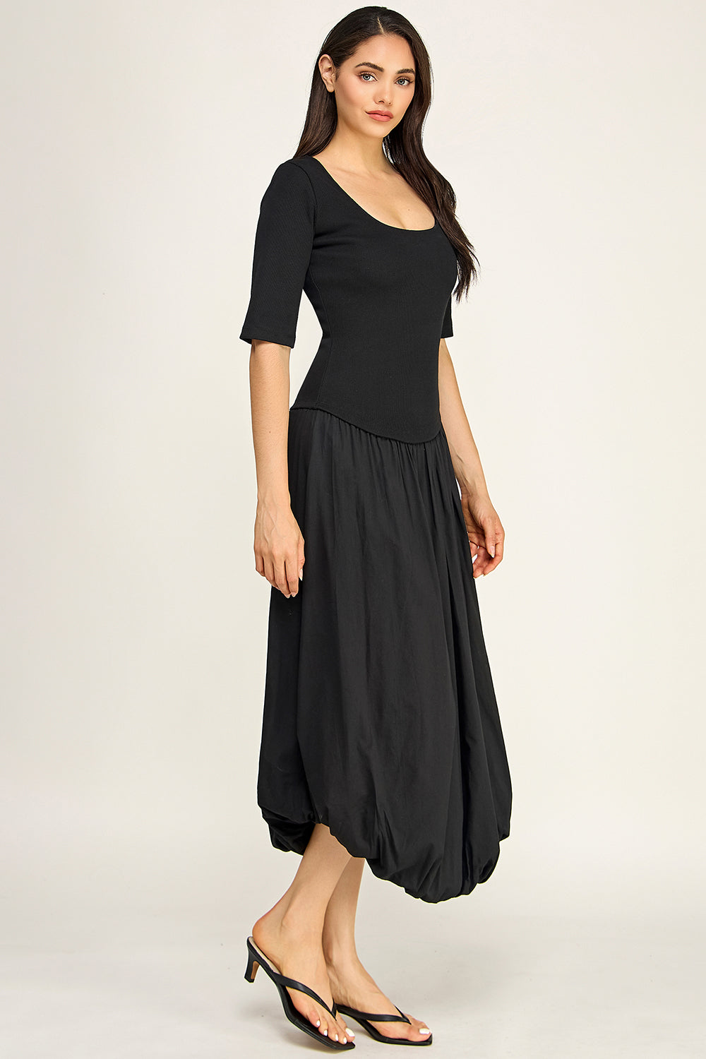 Rib Knit Top Poplin Bubble Midi Dress | Fitted Bodice Elastic Waist