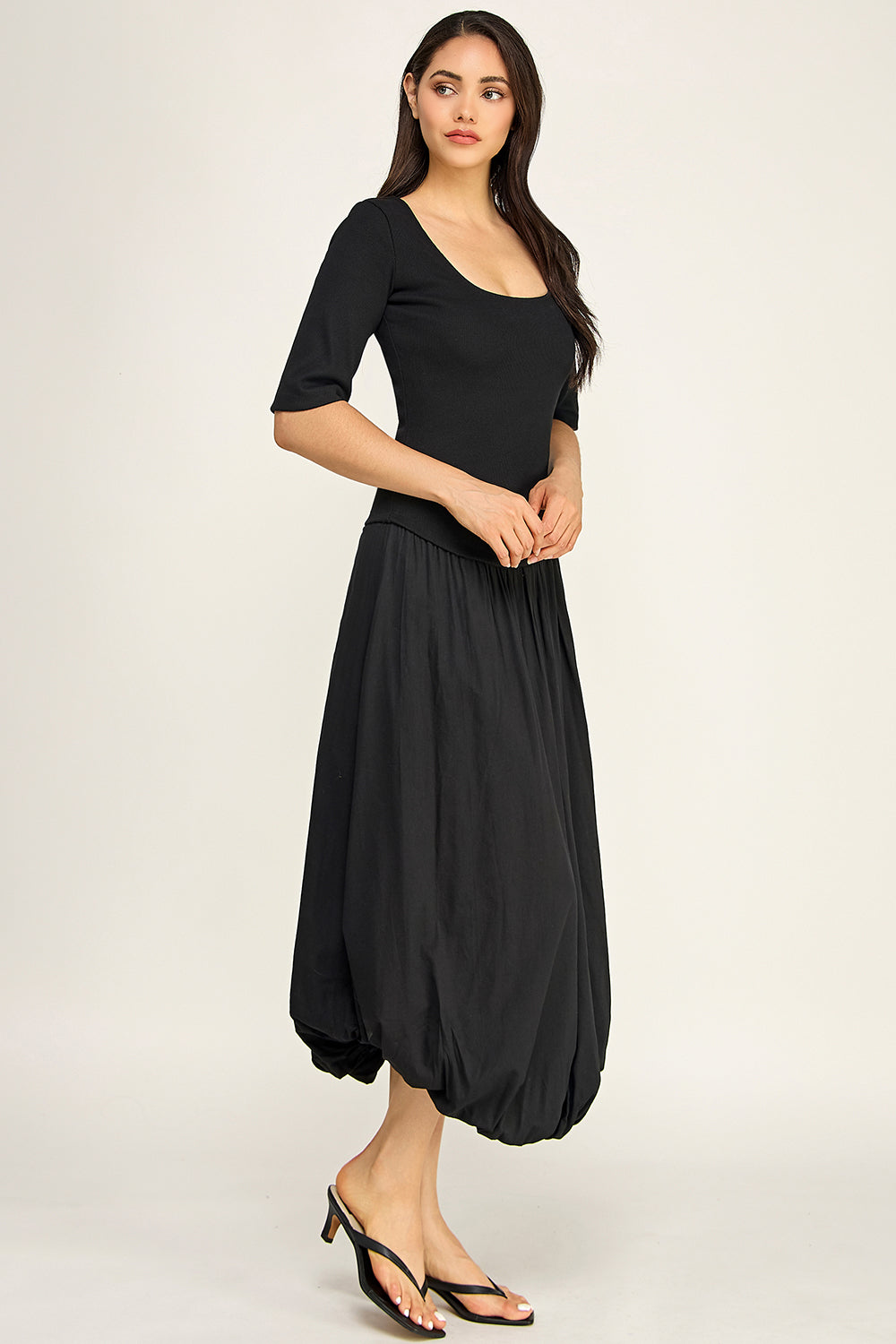 Rib Knit Top Poplin Bubble Midi Dress | Fitted Bodice Elastic Waist