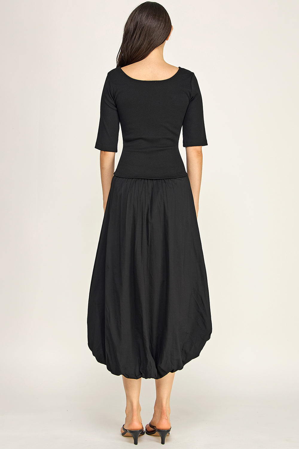Rib Knit Top Poplin Bubble Midi Dress | Fitted Bodice Elastic Waist
