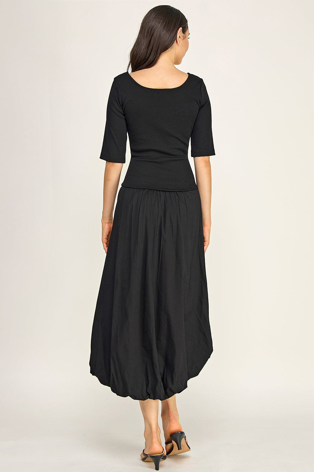 Rib Knit Top Poplin Bubble Midi Dress | Fitted Bodice Elastic Waist