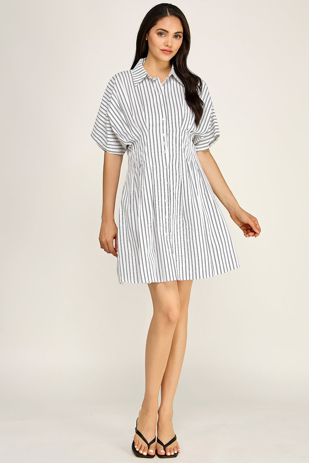 Stripe Button Down Shirt Midi Dress | Pintuck Waist Short Sleeve