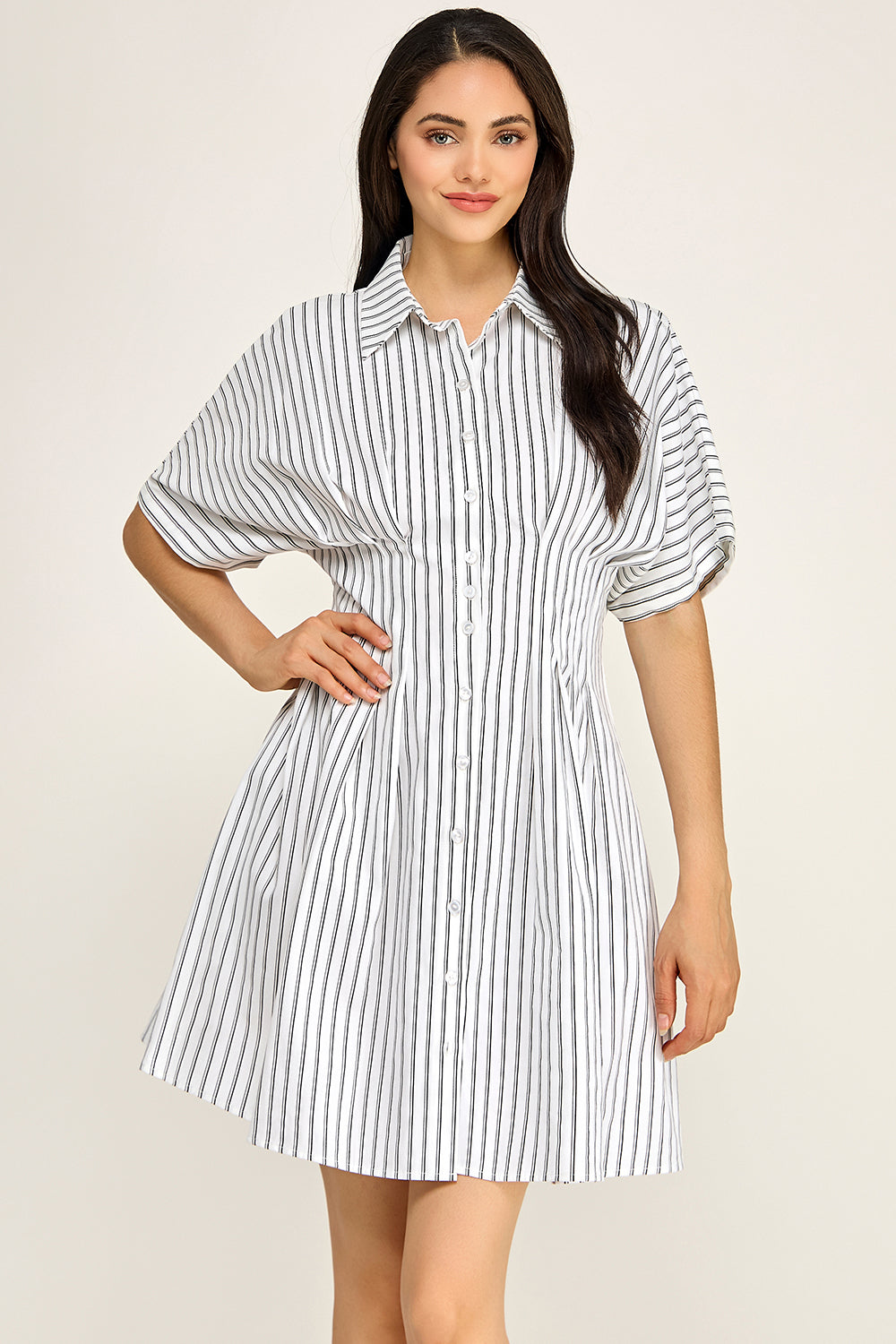 Stripe Button Down Shirt Midi Dress | Pintuck Waist Short Sleeve