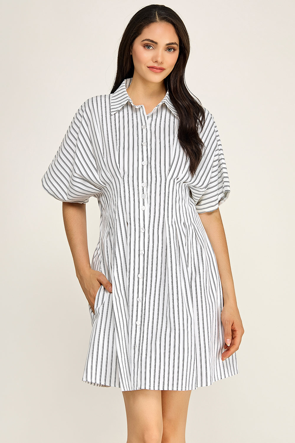 Stripe Button Down Shirt Midi Dress | Pintuck Waist Short Sleeve