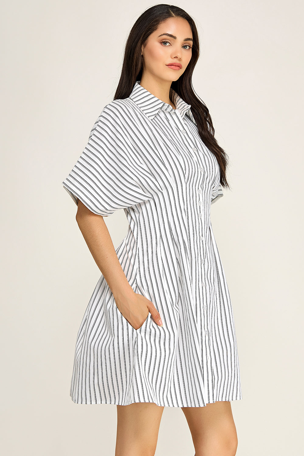 Stripe Button Down Shirt Midi Dress | Pintuck Waist Short Sleeve