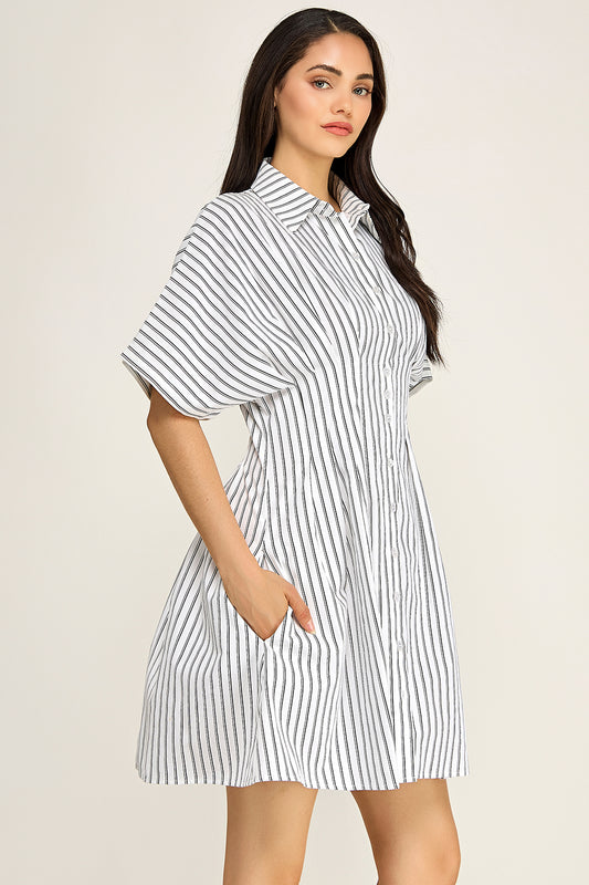 Stripe Button Down Shirt Midi Dress | Pintuck Waist Short Sleeve