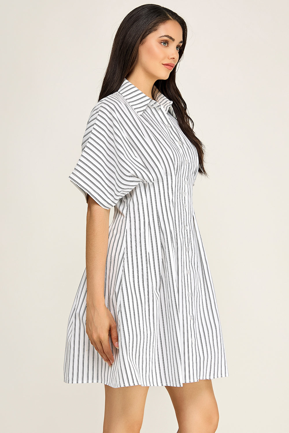 Stripe Button Down Shirt Midi Dress | Pintuck Waist Short Sleeve