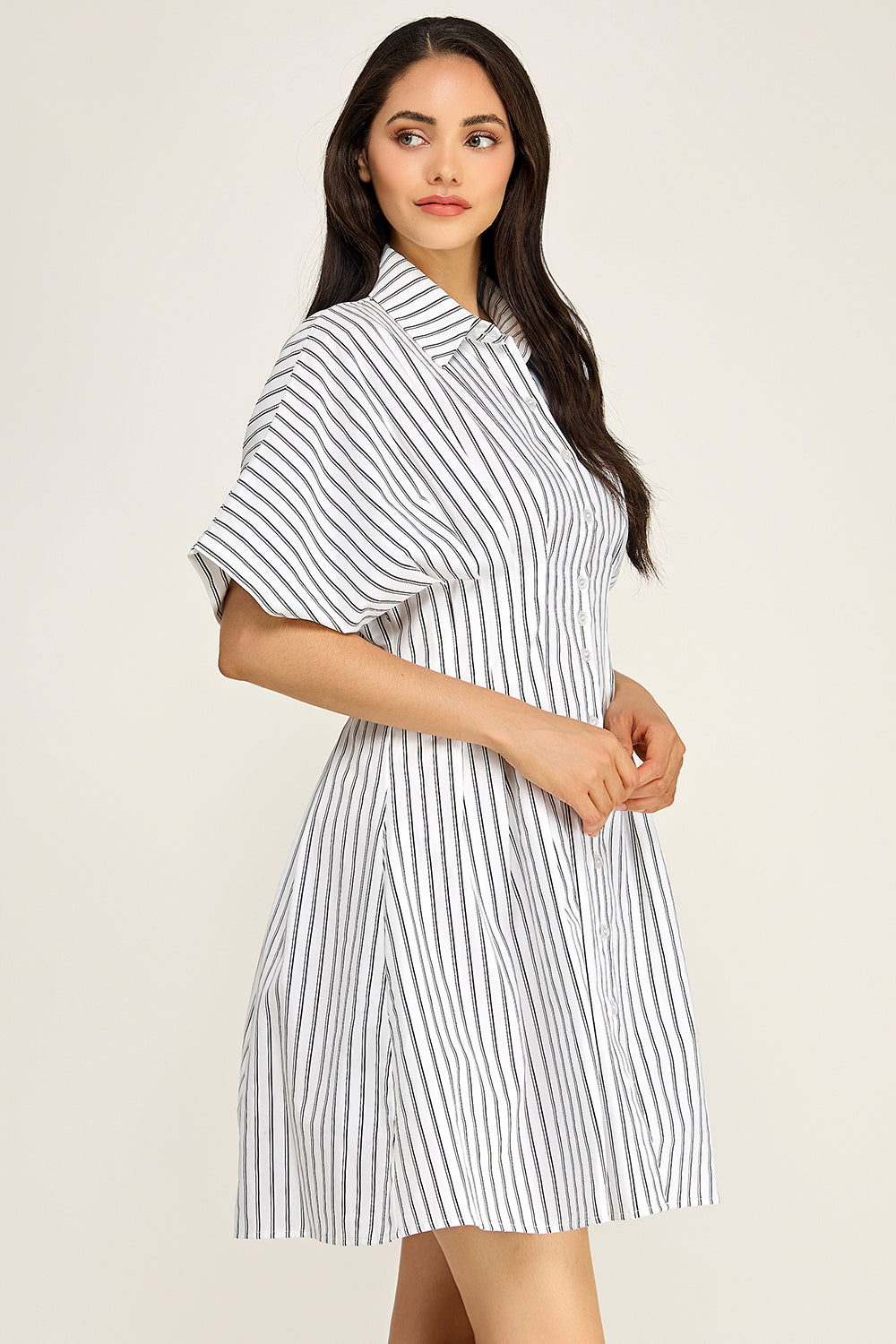 Stripe Button Down Shirt Midi Dress | Pintuck Waist Short Sleeve