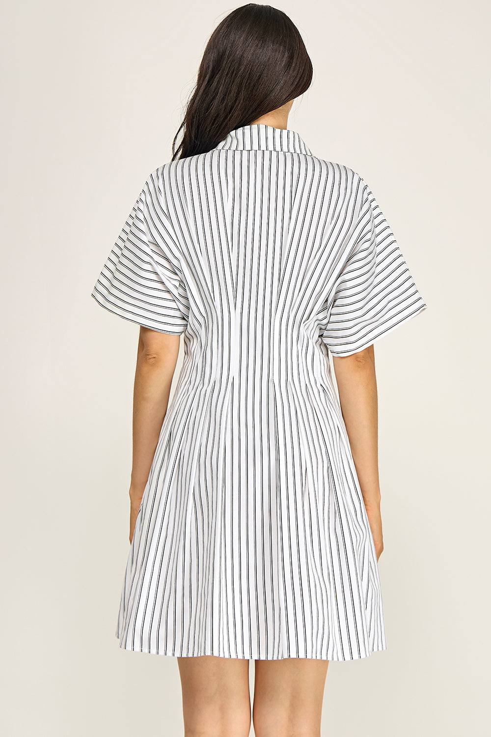 Stripe Button Down Shirt Midi Dress | Pintuck Waist Short Sleeve