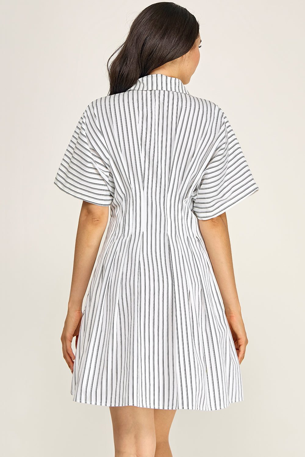 Stripe Button Down Shirt Midi Dress | Pintuck Waist Short Sleeve
