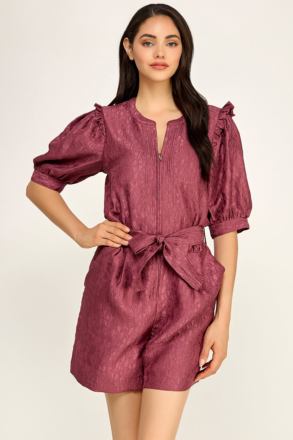 Jacquard Puff Sleeve Romper