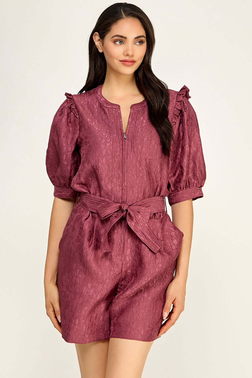 Jacquard Puff Sleeve Romper