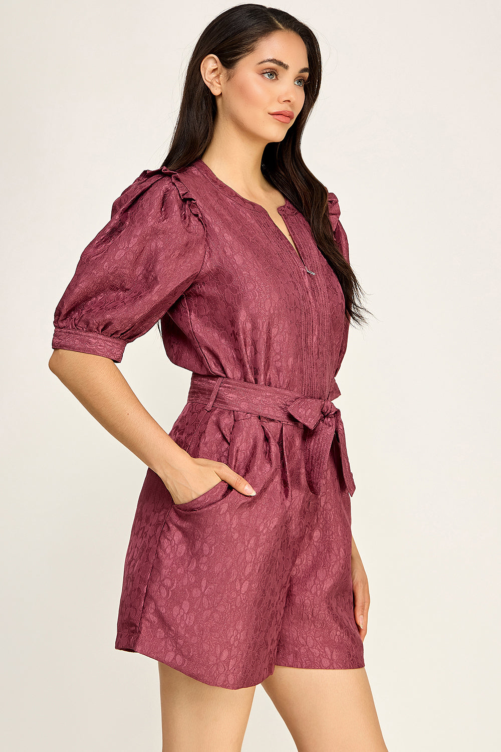 Jacquard Puff Sleeve Romper