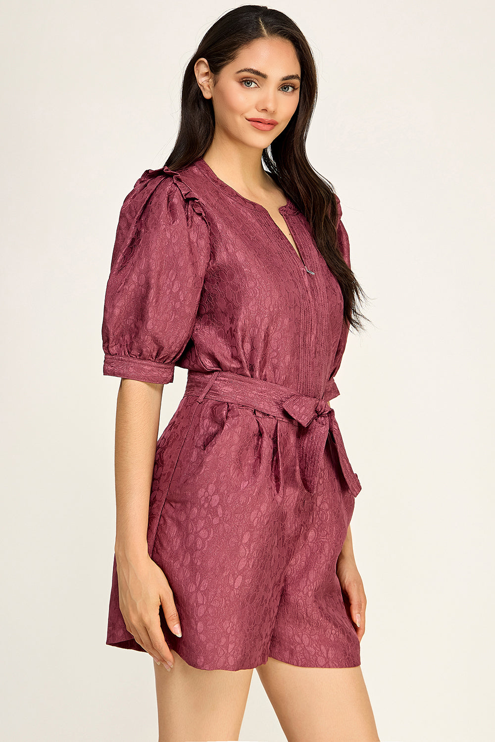 Jacquard Puff Sleeve Romper