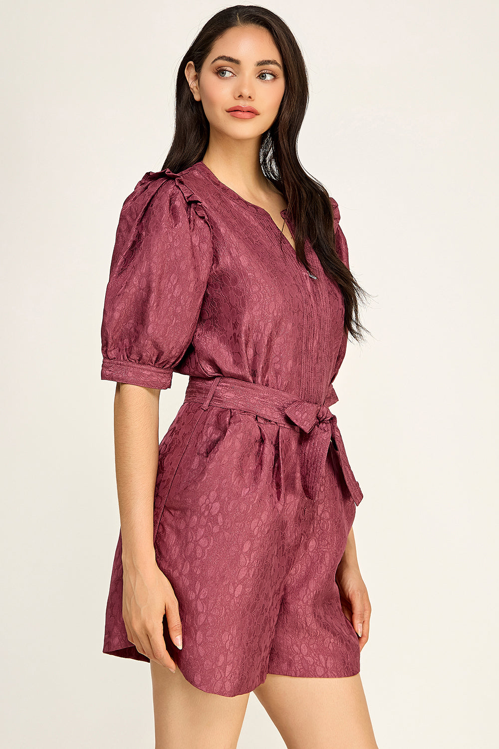 Jacquard Puff Sleeve Romper