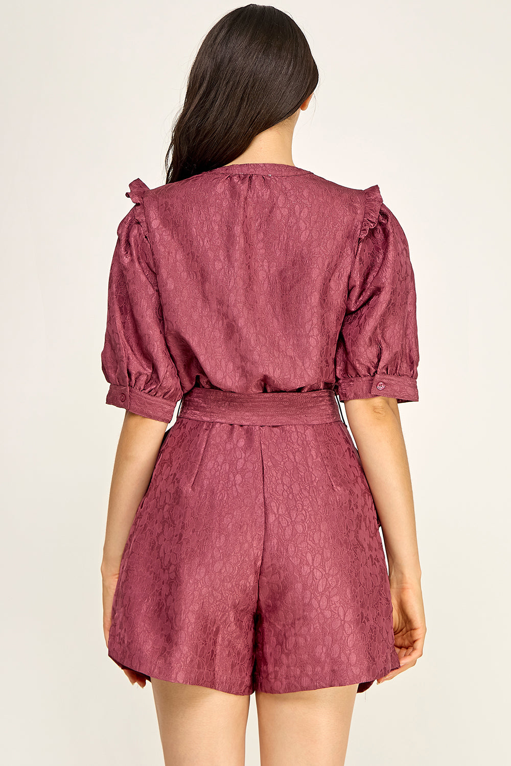 Jacquard Puff Sleeve Romper