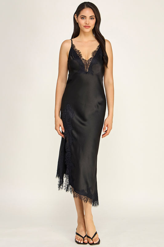 Black Satin Lace Trim Slip Midi Dress | V-Neck Asymmetrical Hem