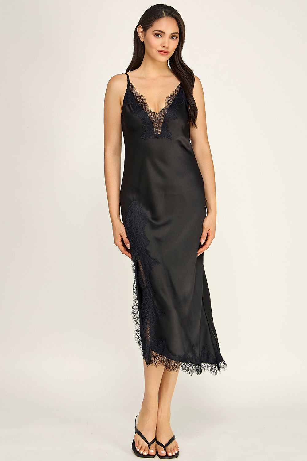 Black Satin Lace Trim Slip Midi Dress | V-Neck Asymmetrical Hem