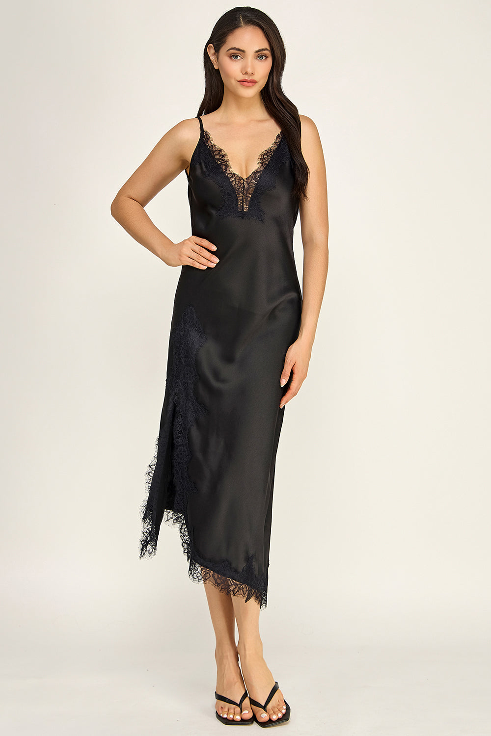 Black Satin Lace Trim Slip Midi Dress | V-Neck Asymmetrical Hem
