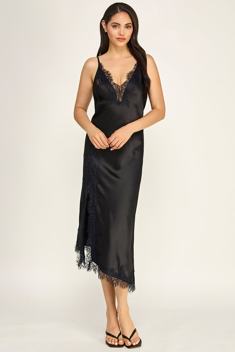 Black Satin Lace Trim Slip Midi Dress | V-Neck Asymmetrical Hem