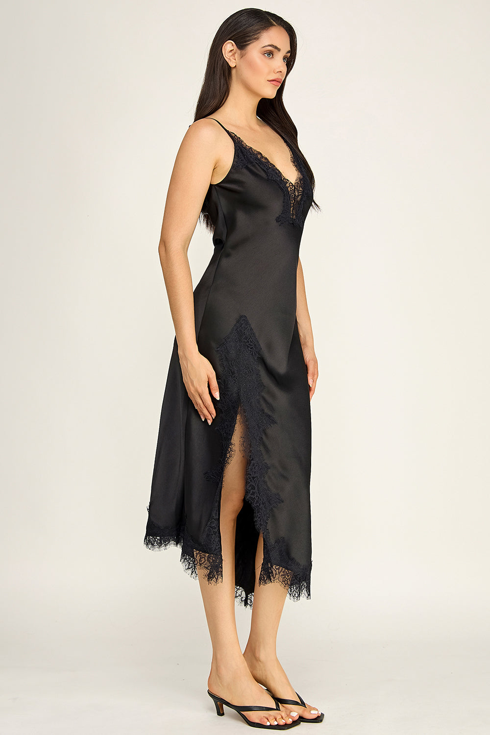 Black Satin Lace Trim Slip Midi Dress | V-Neck Asymmetrical Hem