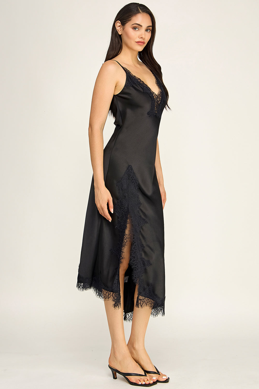 Black Satin Lace Trim Slip Midi Dress | V-Neck Asymmetrical Hem