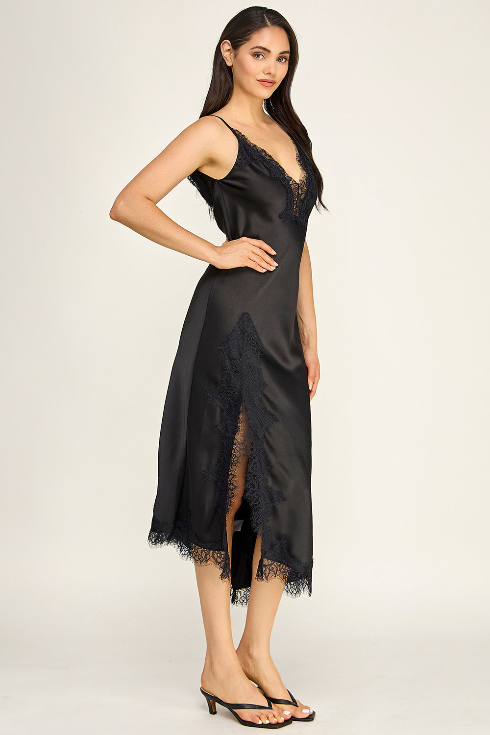Black Satin Lace Trim Slip Midi Dress | V-Neck Asymmetrical Hem