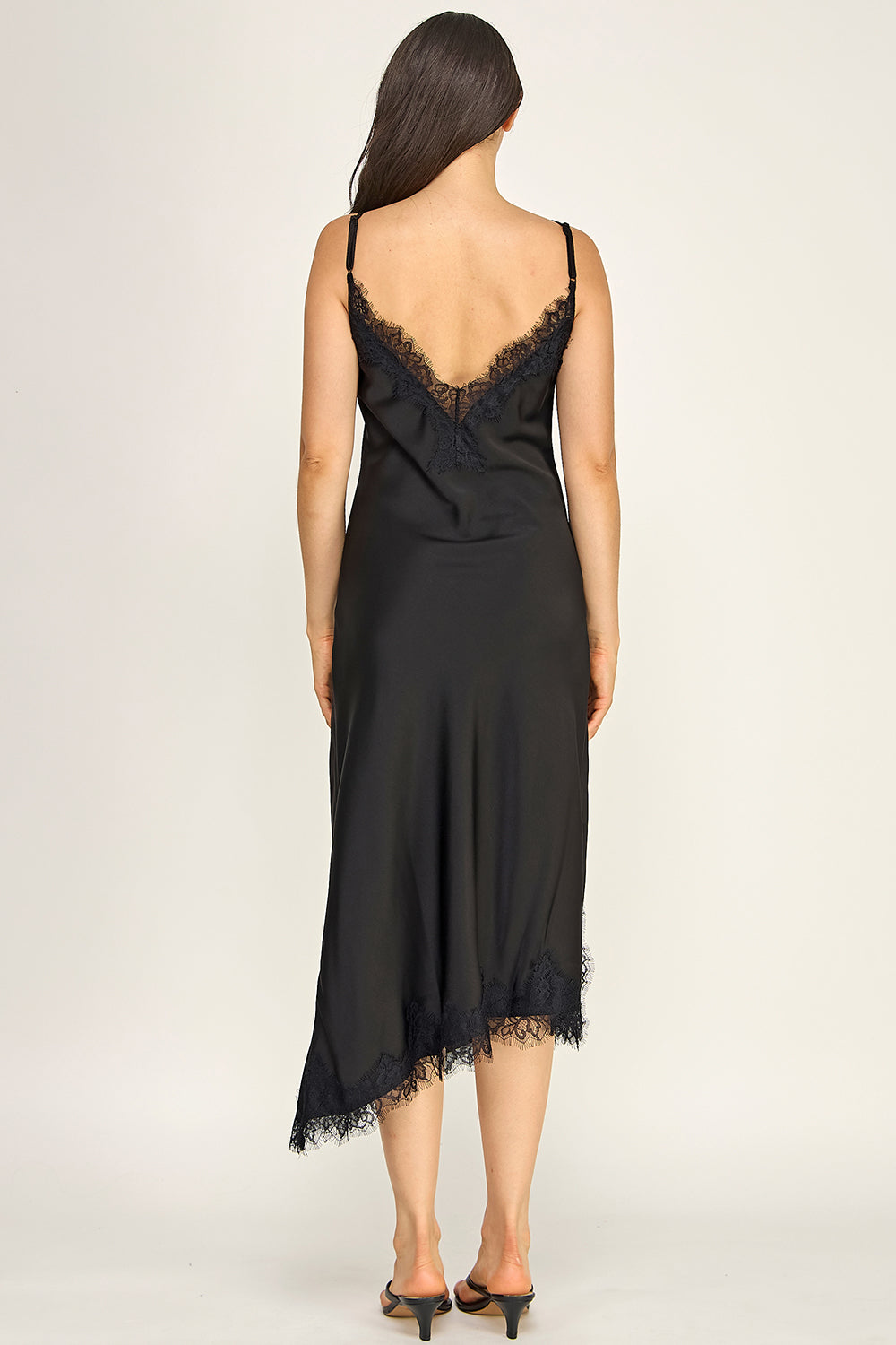 Black Satin Lace Trim Slip Midi Dress | V-Neck Asymmetrical Hem