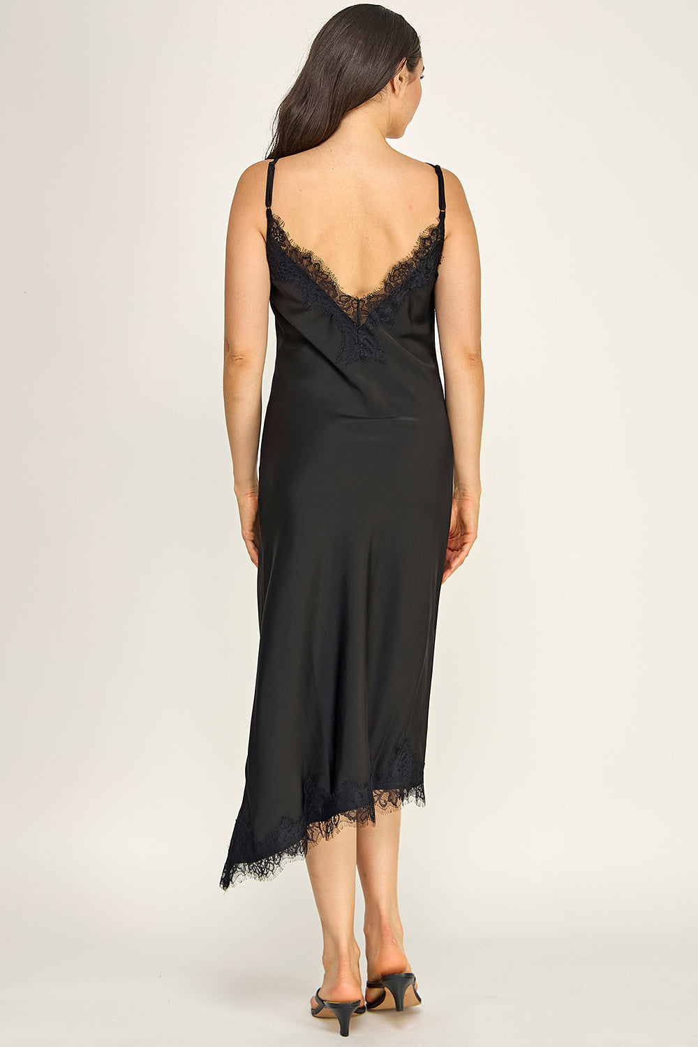 Black Satin Lace Trim Slip Midi Dress | V-Neck Asymmetrical Hem