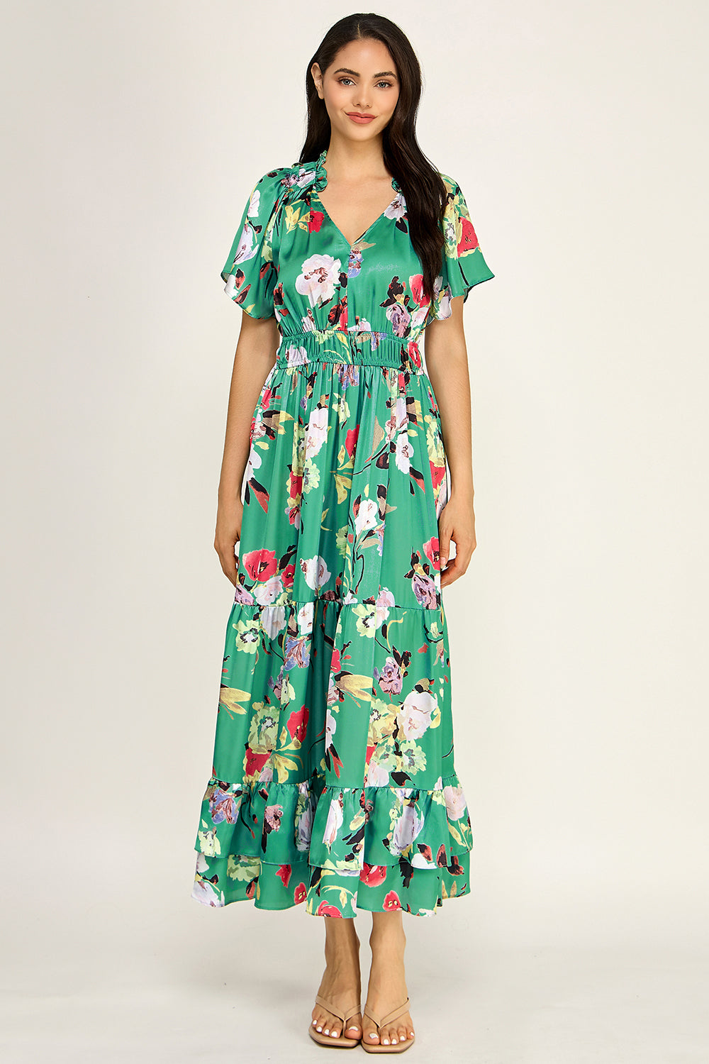 Floral Satin Tiered Maxi Dress | Flutter Sleeve Smocked Waist