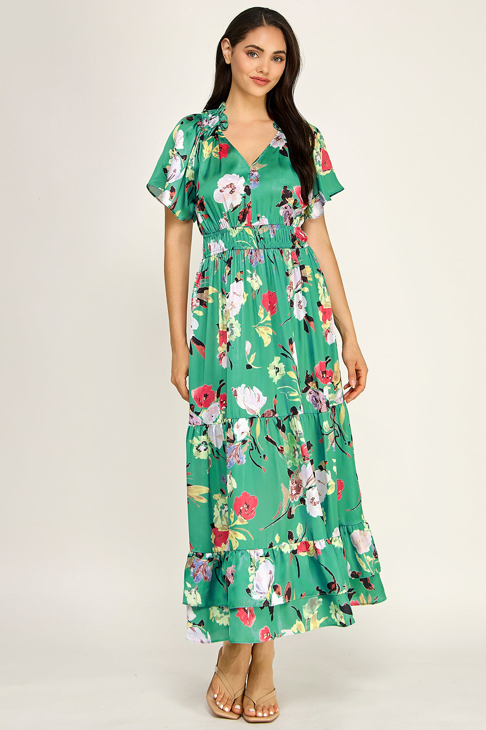 Floral Satin Tiered Maxi Dress | Flutter Sleeve Smocked Waist