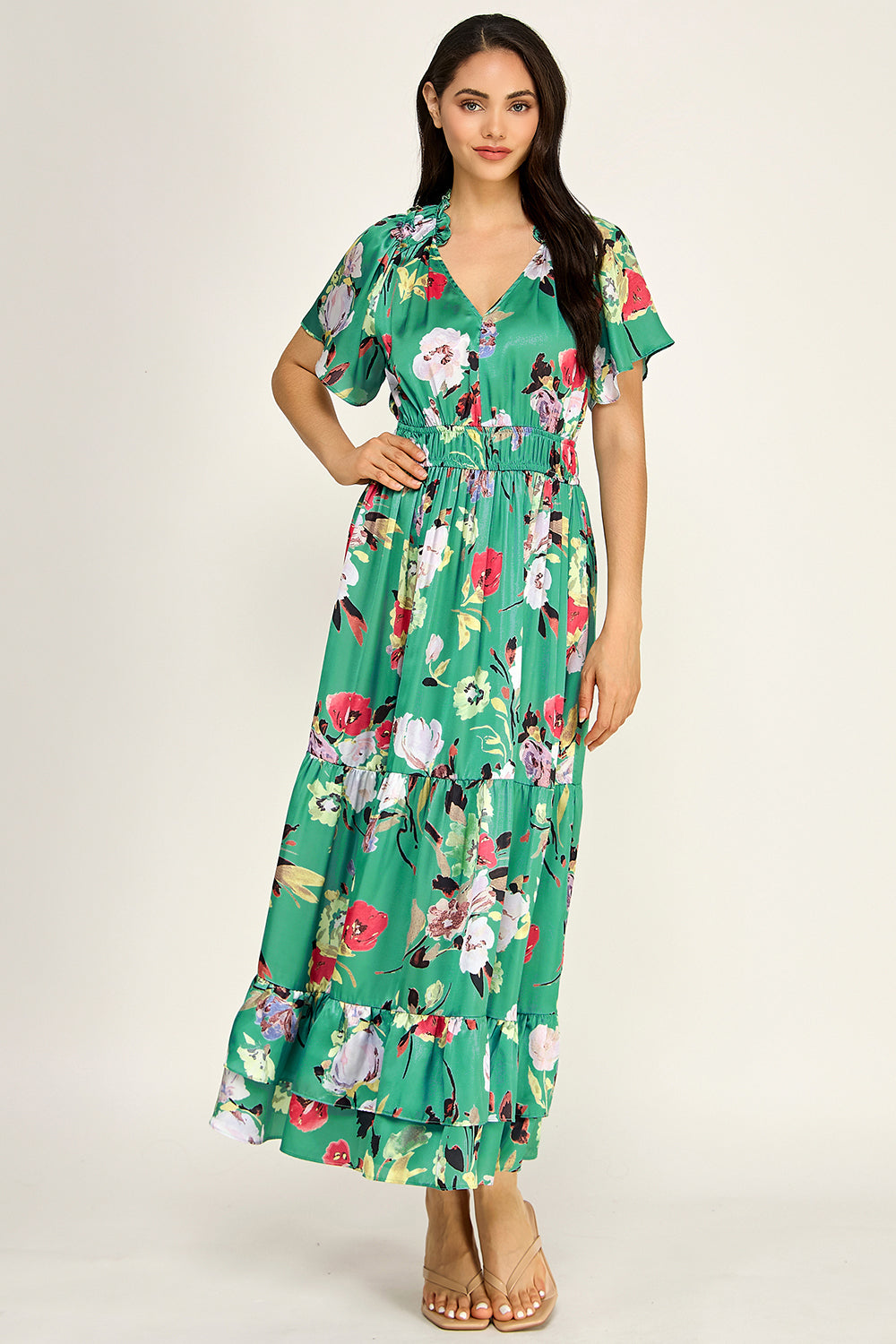Floral Satin Tiered Maxi Dress | Flutter Sleeve Smocked Waist