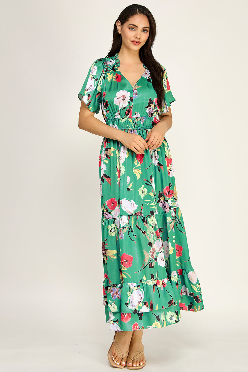 Floral Satin Tiered Maxi Dress | Flutter Sleeve Smocked Waist