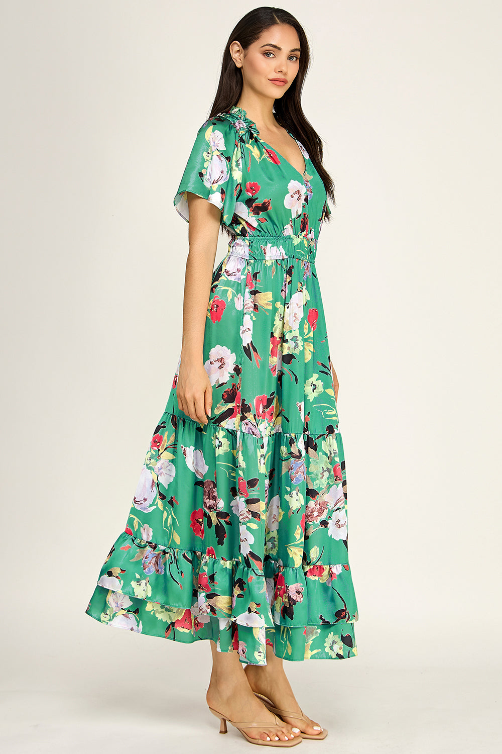 Floral Satin Tiered Maxi Dress | Flutter Sleeve Smocked Waist