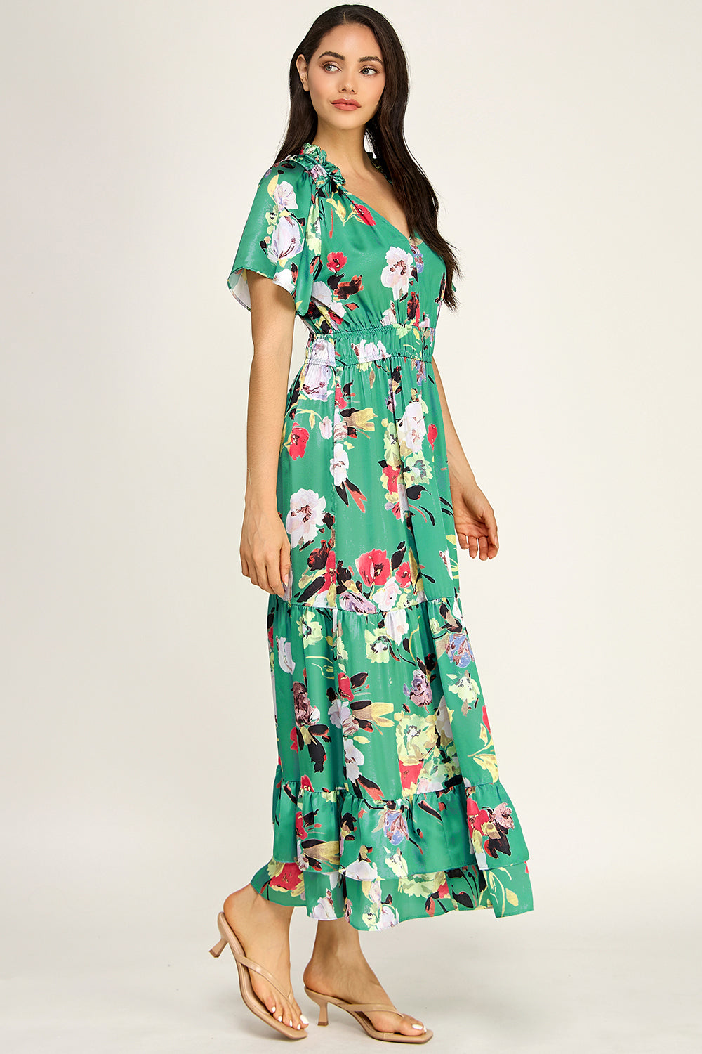 Floral Satin Tiered Maxi Dress | Flutter Sleeve Smocked Waist