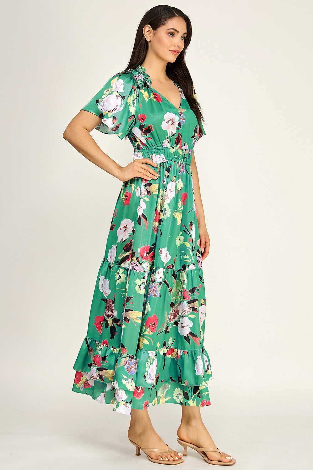 Floral Satin Tiered Maxi Dress | Flutter Sleeve Smocked Waist