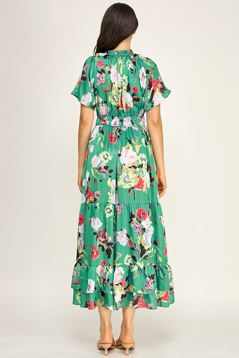 Floral Satin Tiered Maxi Dress | Flutter Sleeve Smocked Waist