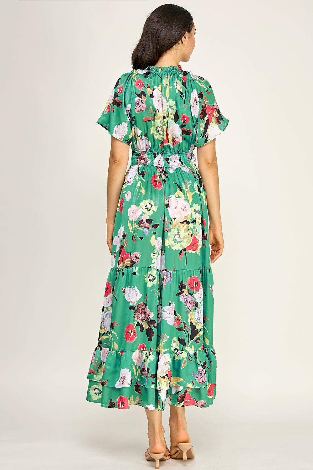 Floral Satin Tiered Maxi Dress | Flutter Sleeve Smocked Waist