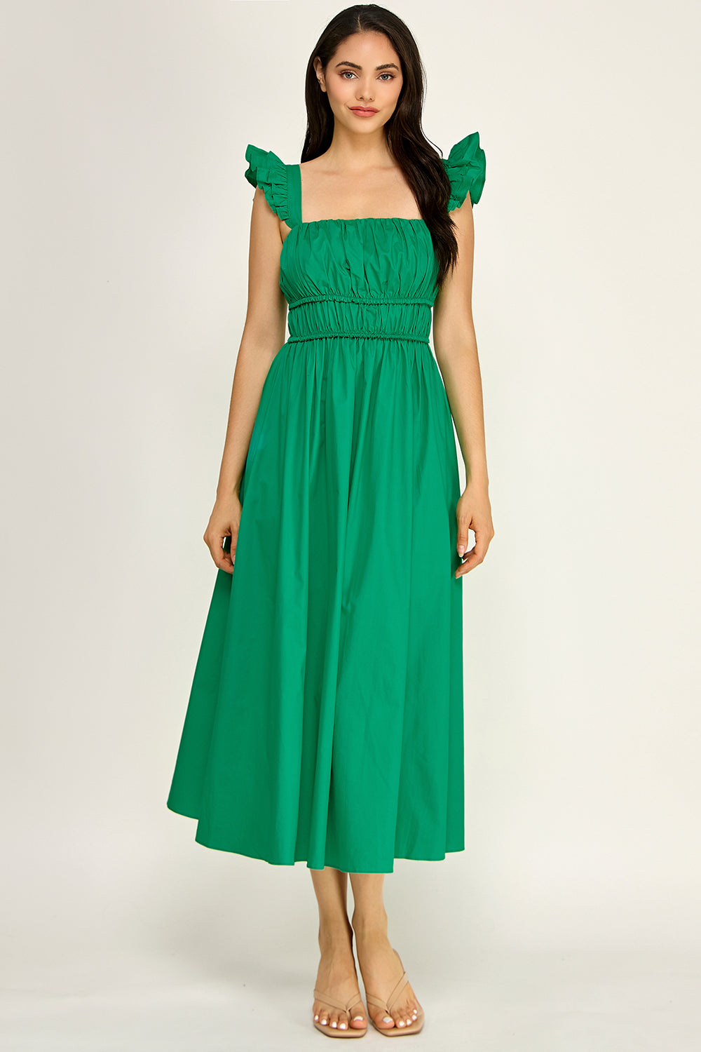 Smocked Square Neck Maxi Dress | Ruffle Strap Cotton Poplin Flowy