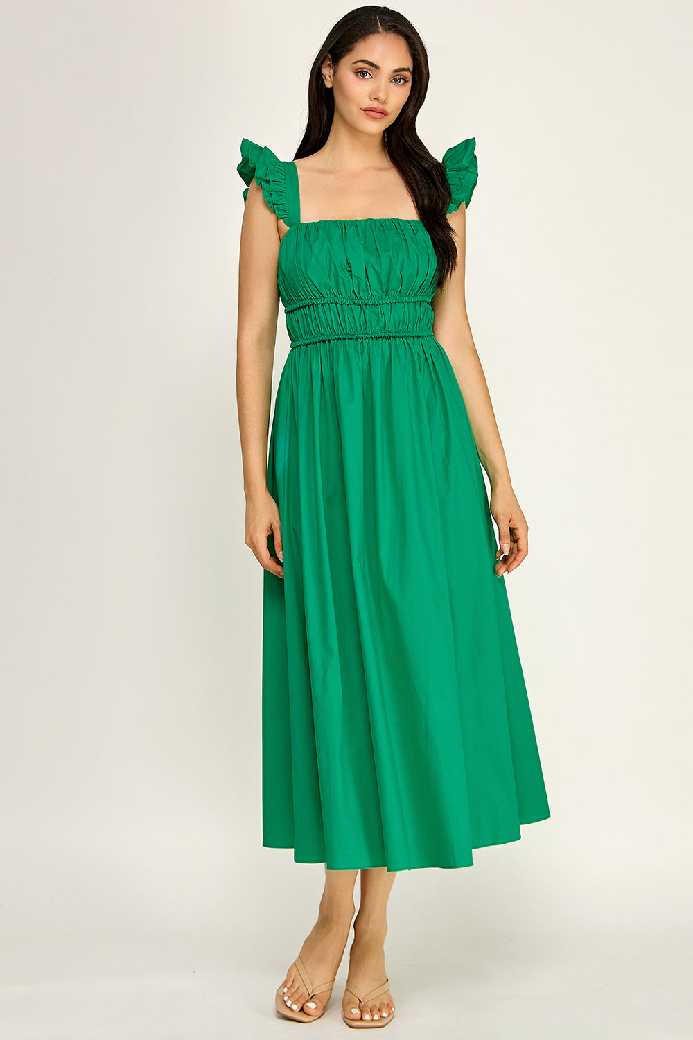 Smocked Square Neck Maxi Dress | Ruffle Strap Cotton Poplin Flowy