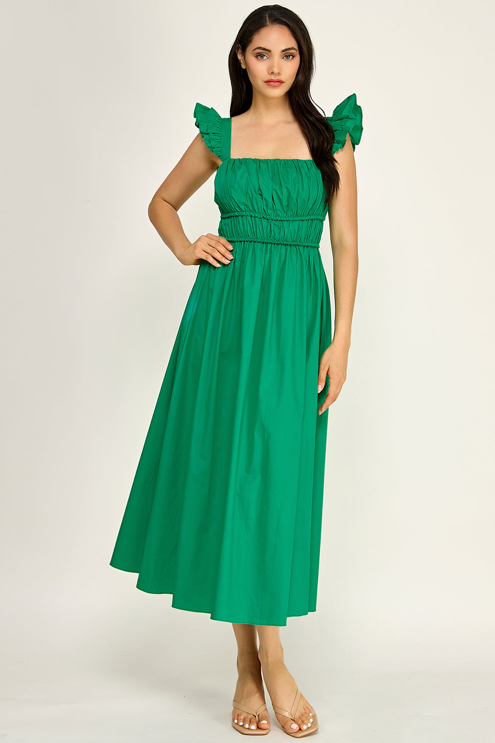 Smocked Square Neck Maxi Dress | Ruffle Strap Cotton Poplin Flowy