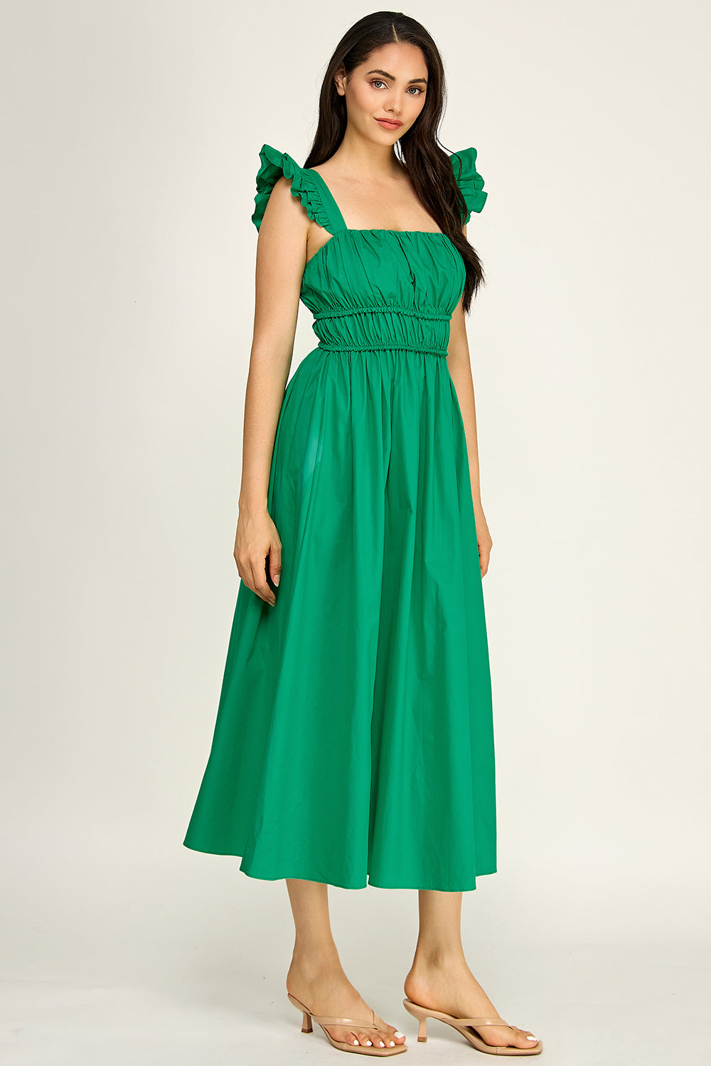 Smocked Square Neck Maxi Dress | Ruffle Strap Cotton Poplin Flowy