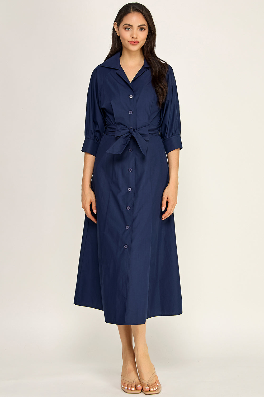 Navy Cotton Poplin Button Down Midi Dress | Collared Self-Tie Belt