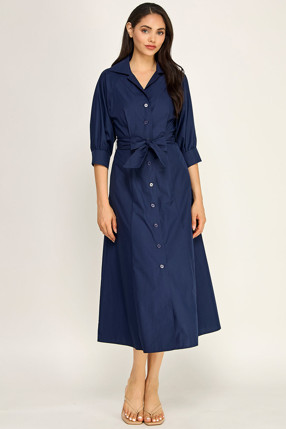 Navy Cotton Poplin Button Down Midi Dress | Collared Self-Tie Belt