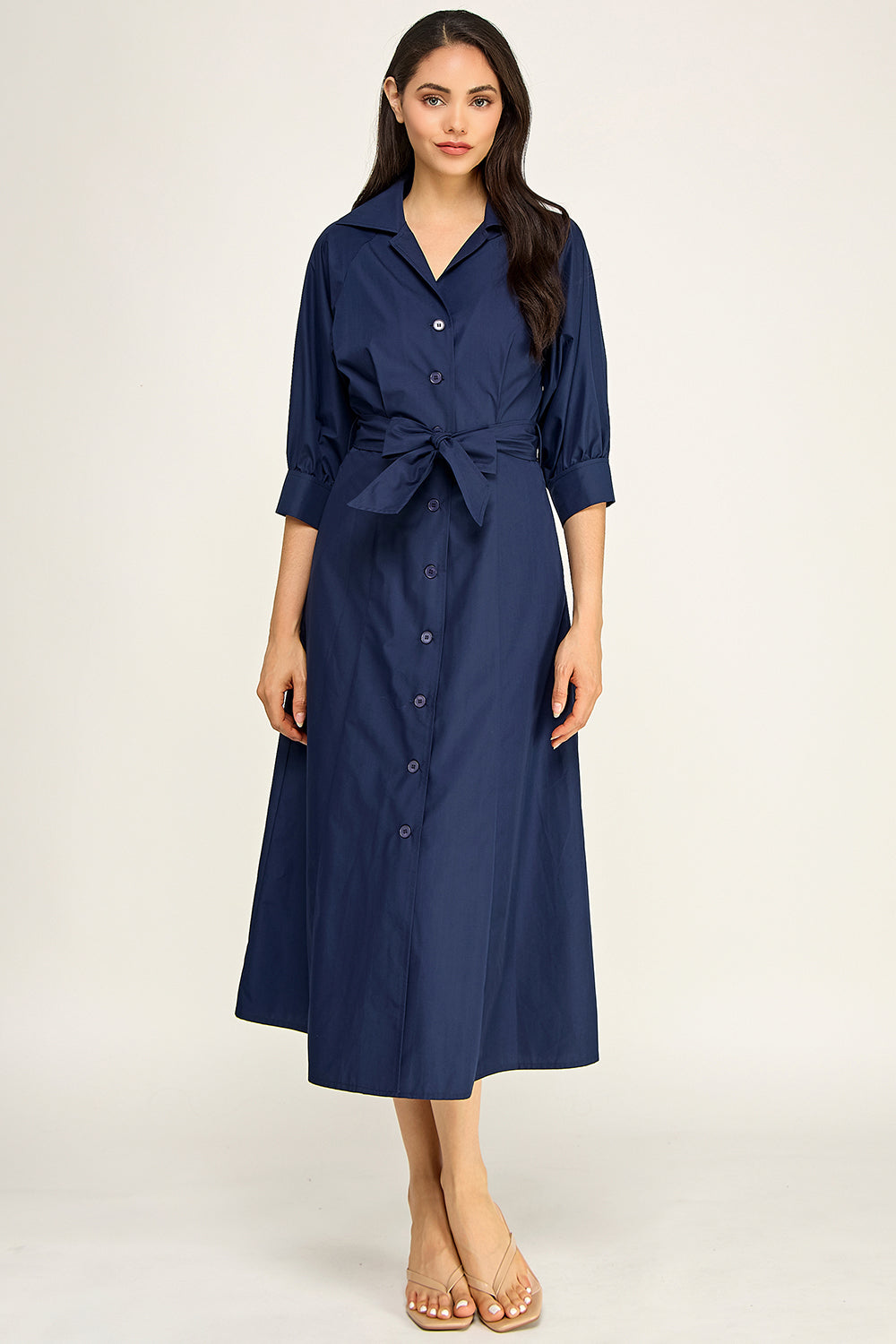 Navy Cotton Poplin Button Down Midi Dress | Collared Self-Tie Belt