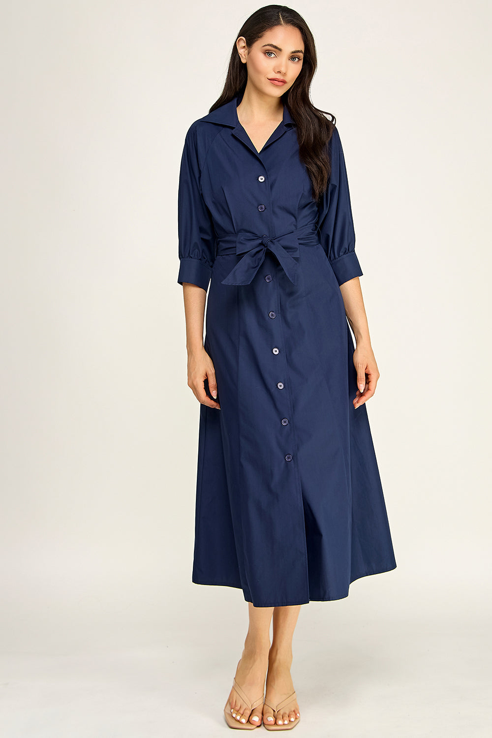 Navy Cotton Poplin Button Down Midi Dress | Collared Self-Tie Belt