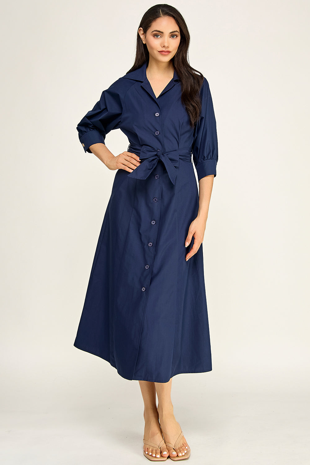 Navy Cotton Poplin Button Down Midi Dress | Collared Self-Tie Belt