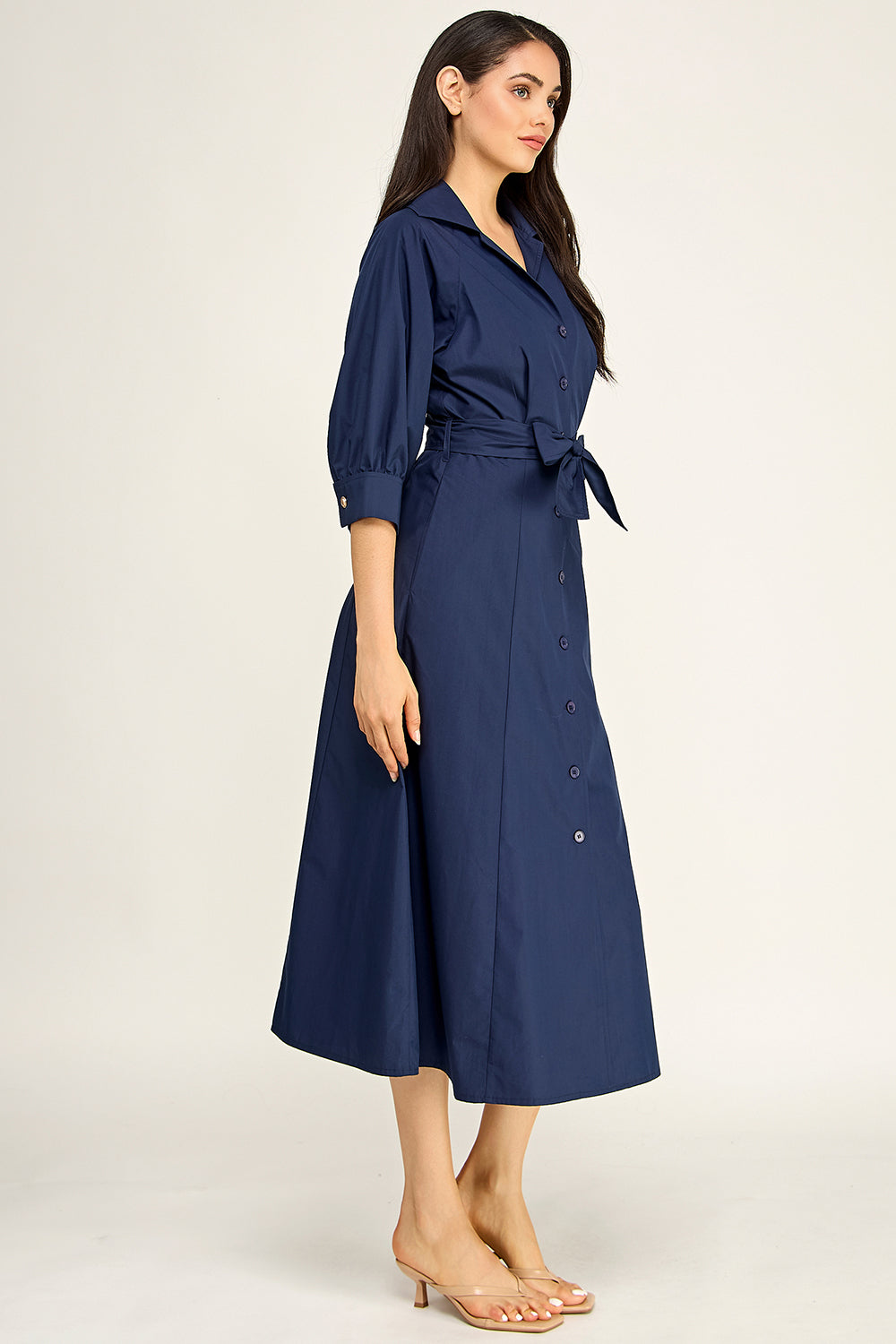 Navy Cotton Poplin Button Down Midi Dress | Collared Self-Tie Belt